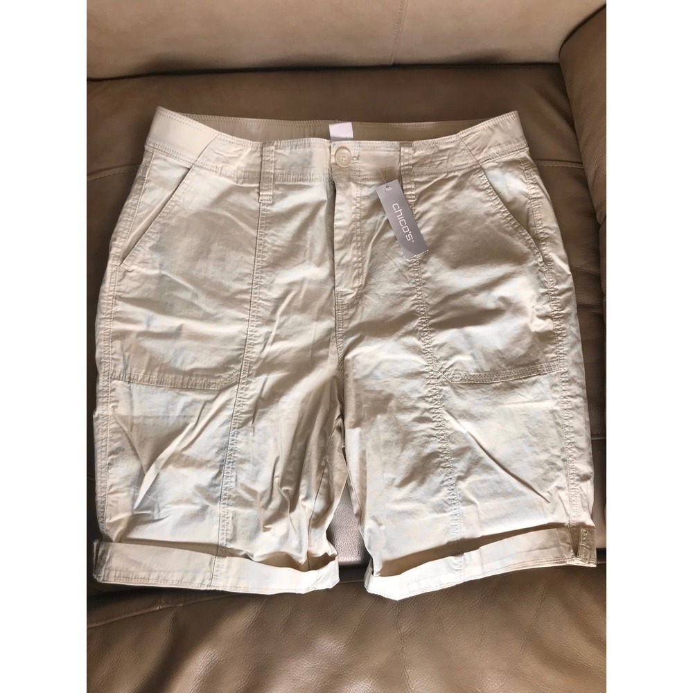 Chicos Fly Front Casual Poplin Shorts Natural Tan Size 1